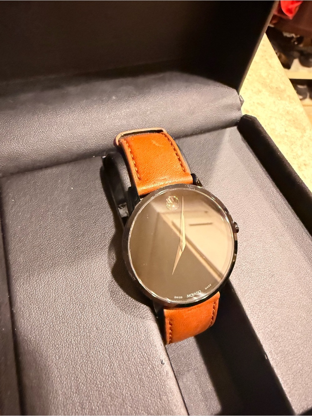 Movado Black Dial Watch with Tan Leather Strap